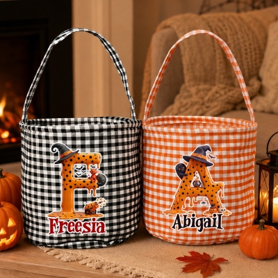 Custom Name Spooky Polka Dot Witch Hat Alphabet Gingham Candy Basket, Large Capacity Trick or Treat Bucket Bag with Handle, Halloween Gift for Kids