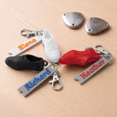 Personalized Text 3D Printed Tap Dance Shoe Keychain with Ribbon Charm, Backpack Name Tag, Dance Competition/Birthday Gift for Tap Dancers/Students
