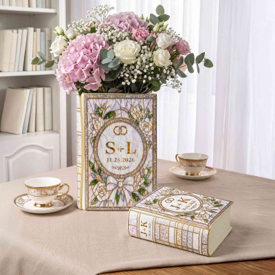 Personalized Pearl Floral Bow Book Shaped Ceramic Vase with Initials & Date, Wedding Centerpiece, Anniversary/Wedding Gift for Couple/Newlyweds