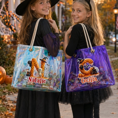 Custom Name Spooky Polka Dot Witch Hat Alphabet Neon Color Tote Bag, Clear PVC Trick or Treat Bag with Rope Handles, Halloween Gift for Kids/Teens