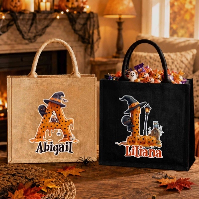 Personalized Spooky Polka Dot Witch Hat Alphabet Tote Bag with Name, Large Capacity Jute/Linen Trick or Treat Handbag, Halloween Gift for Kids/Teens