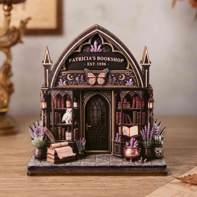 Personalized Name 2D Flat Dark Witchy Wooden Bookshop Decor, Aesthetic Gothic Book Nook Ornament, Birthday/Halloween Gift for Book Lovers/Fantasy Fans