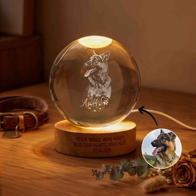 Custom 3D Laser Engraved Pet Photo Crystal Ball Night Light, Dog Cat Portrait Memorial Lamp with Wooden Base, Bereavement Gift for Pet Lovers/Owners