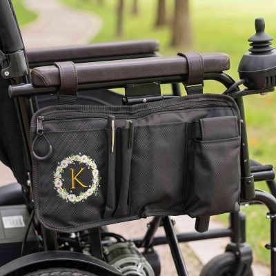 Personalized Name Daisy Wreath Wheelchair Side Bag with Cup Holder, Walker Armrest Storage Pouch, Mobility Scooter Accessory, Gift for Patients
