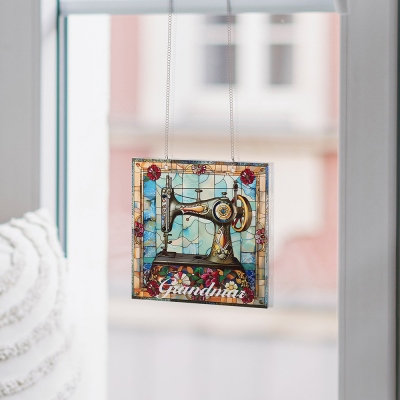 Custom Name Floral Sewing Machine Suncatcher Window Hanging, Quilting Sign Sewing Room Decor, Birthday/Mother's Day Gift for Sewing Lovers/Mom/Grandma
