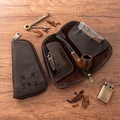 Personalized Engraved Leather Tobacco Pipe Travel Pouch, Portable Pipe/Smokers Set Storage Case, Birthday/Father’s Day Gift for Husband/Dad/Grandpa