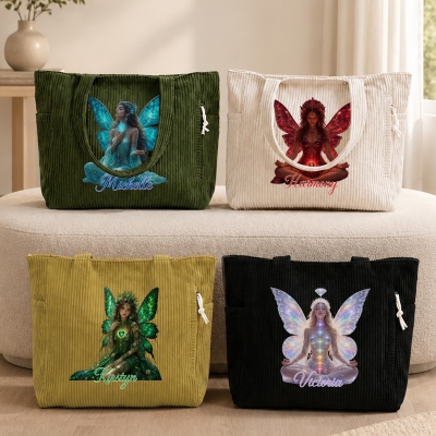 Custom Name Chakra Birthstone Fairy Corduroy Tote Bag, Large Capacity Zippered Handbag with Side Pockets, Birthday/Wedding Gift for Women/Bridesmaids