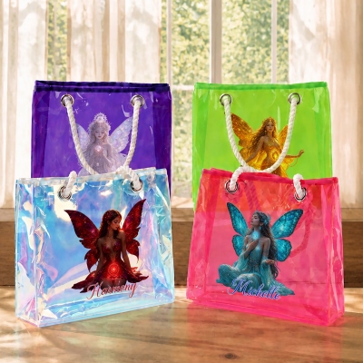 Personalisierte Chakra-Geburtsstein-Feen-Tragetasche in Neonfarben, durchsichtige PVC-Strandtasche mit Seilgriffen, Geburtstags-/Hochzeitsgeschenk für Frauen/Mädchen/Brautjungfern