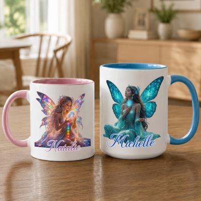 Personalisierter Namens-Chakra-Geburtsstein-Feenbecher, 11oz/15oz zweifarbiger Keramik-Kaffeebecher mit Untersetzer, Geburtstags-/Hochzeitsgeschenk für Frauen/Mädchen/Brautjungfern