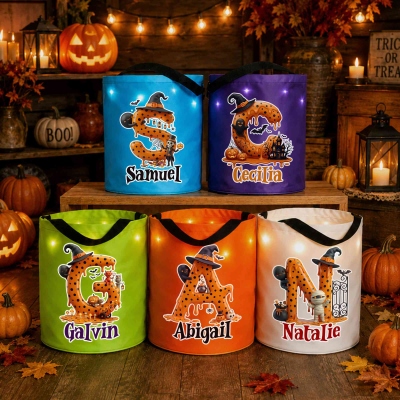 Custom Name Spooky Polka Dot Witch Hat Alphabet LED Light Bucket Bag with Handle, Light-Up Trick or Treat Candy Basket, Halloween Gift for Kids