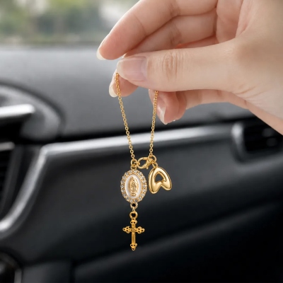 Custom Virgin Mary Cross Steering Wheel Rosary Charm with Bubble Initial, Car Accessory, Baptism/Christmas Gift for Christian Family/Friends/Drivers