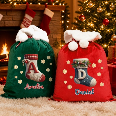 Personalized Initial Christmas Sock Gift Bag, Large Capacity Santa Sack, Reusable Present Bag, Holiday Party Favor, Christmas Gift for Kids/Family