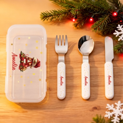 Custom Name Christmas Wreath Plaid Alphabet Cutlery Set with Box, Food Grade Stainless Steel Knife, Fork & Spoon Set, Christmas Gift for Kids/Toddlers