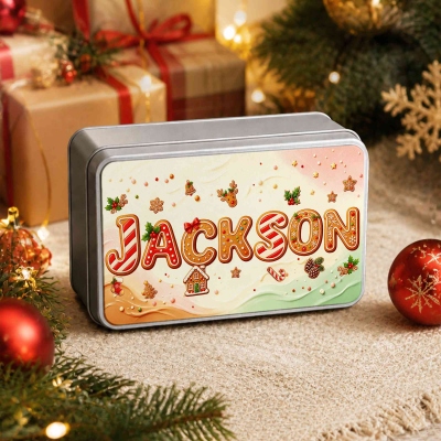 Personalized Christmas Gingerbread Candy Treat Metal Tin Box with Name, Christmas Gift for Kids