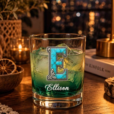 Personalized Turquoise Silver Scrollwork Alphabet Whiskey Glass with Name, 10oz Old Fashioned Glass, Anniversary/Birthday Gift for Cowboys/Cowgirls
