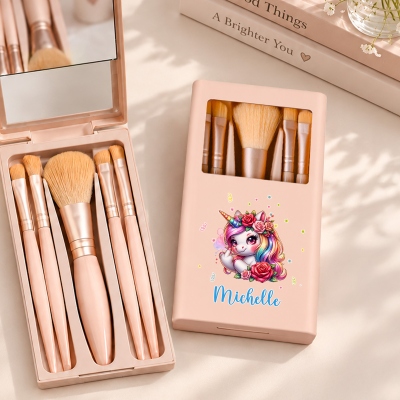 Personalized Name Birth Flower Fantasy Unicorn 5PCS Makeup Brushes Box Set with Mirror, Travel Accessories, Birthday/Christmas Gift for Women/Girls