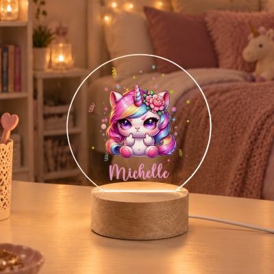 Personalized Name Birth Flower Fantasy Unicorn LED Night Light, Acrylic Night Lamp with Wooden Base, Room Decor, Birthday/Christmas Gift for Girls