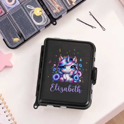 Personalized Birth Flower Cartoon Fantasy Unicorn Hair Pin Storage Box with Name, Hair Accessories Case, Birthday/Christmas Gift for Women/Girls