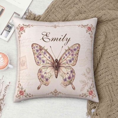 Custom Name Retro Butterfly Birth Flower Throw Pillow Cover, Pillowcase with Optional Insert, Housewarming/Birthday Gift for Her/Mom/Family/Friends