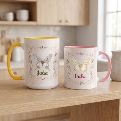 Personalized Vintage Birth Flower Butterfly Mug with Name, 11oz/15oz Two Tone Ceramic Coffee Tea Mug, Birthday/Christmas Gift for Women/Girls