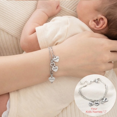 Custom Silver Heart Bracelet for Mom with Kids Name, Personalized Gift for Mom, Family Jewelry, Mother's Day Gift, Valentine's Jewelry for Her