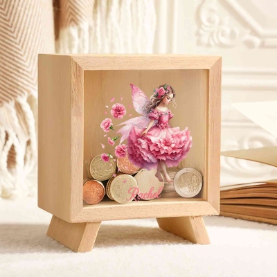 Personalized Name Birth Flower Fairy Wooden Piggy Bank, Cute Clear Window Money Box Saving Bank, Home Decor, Birthday Gift for Girls/Daughters/Nieces