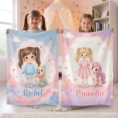 Personalized Fantasy Cartoon Kid Photo Pet Companion Soft Throw Blanket with Name, Home Decor, Baby Shower/Birthday Gift for New Parents/Kids