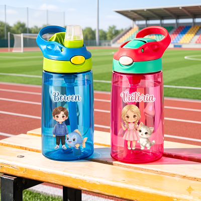 Personalized Cartoon Character Animal Pattern BPA-Free Transparent Insulated Water Bottle with Straw Handle and Name, Back to School Gift for Kids