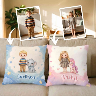 Personalized Watercolor Cartoon Character Animal Throw Pillow Cover with Name, Home Decoration, Birthday/Children's Day Gift for Kids/Boys/Girls