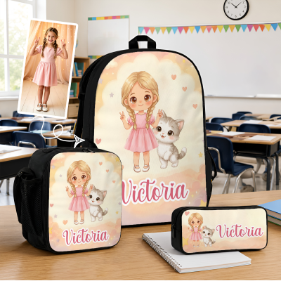 Personalized Cartoon Kid Character Animal Companion Backpack Lunch Bag Pencil Case with Name, Back to School/Birthday Gift for Kids/Students