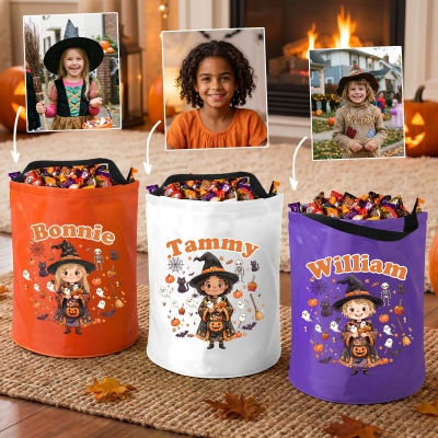 Personalized Halloween Cartoon Witch Hat Bucket Bag with Name and Photo, Trick or Treat Bag with Handle, Halloween Party Favor, Gift for Kids/Teens