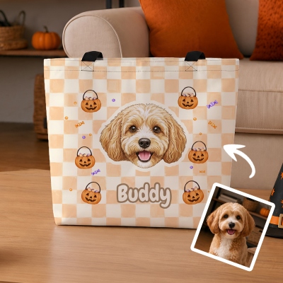 Personalized Watercolor Pet Portrait Pumpkins Checkered Tote Bag with Name, Large Capacity Zippered/Open-Top Handbag, Halloween Gift for Pet Parents