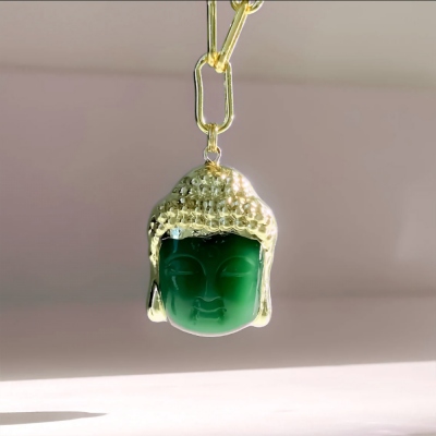 Auténtico collar de Buda de jade verde, colgante de cabeza de Buda con collar de cadena, collar de Buda verde, collar de Buda de plata