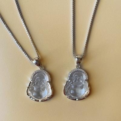 Snyggt Buddha Halsband Klar Kvarts Buddha Charm Halsband, Silver Lucky Laughing Buddha hänge Halsband Amulett Smycken Presenter för män kvinnor