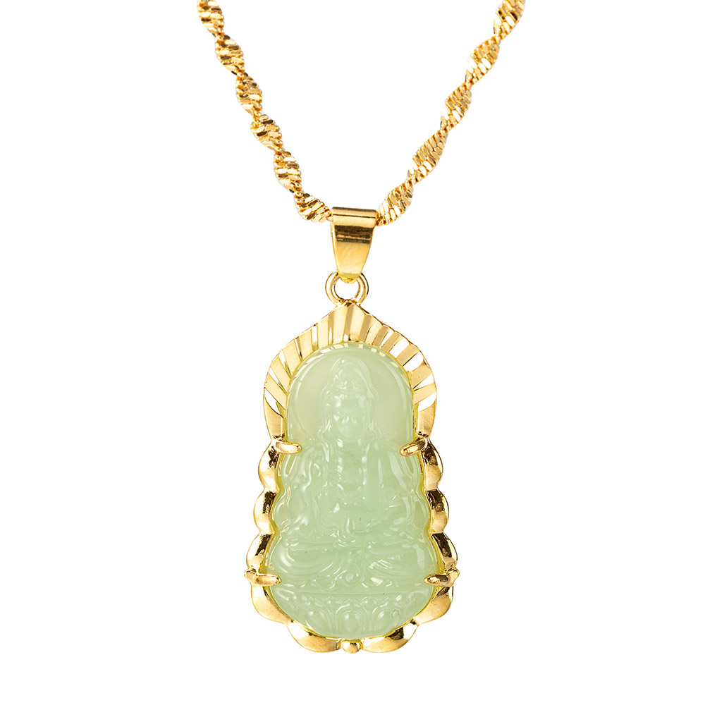 Colar de Buda de Jade, colar de pingente de Buda em uma flor de lótus, colar de pingente de estilo chinês Gautama budista Guanyin, joias de amuleto