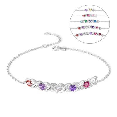 Custom 2-11 Heart Birthstones Bracelet with Engraved Name, Family Birthstone Jewelry, Mother's Day/Birthday Gift for Mom/Wife/Grandma