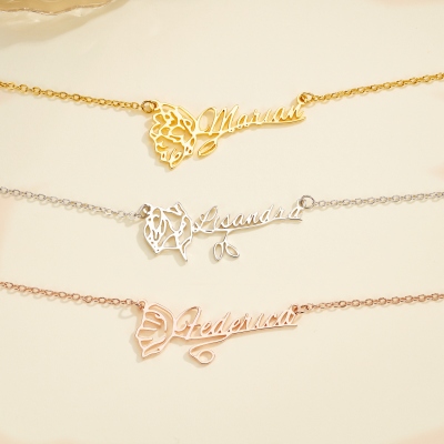 Personalized Name Birth Flower Necklace, Sterling Silver 925 Necklace, Birth Flower Jewelry, Birthday/Christmas Day Gift for Mother/Wife/Daughter