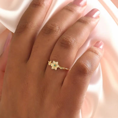 Bague de fleur de naissance personnalisée avec pierre de naissance, bague florale en argent sterling 925, cadeau de meilleure amie/anniversaire/fête des mères pour elle/mère/grand-mère