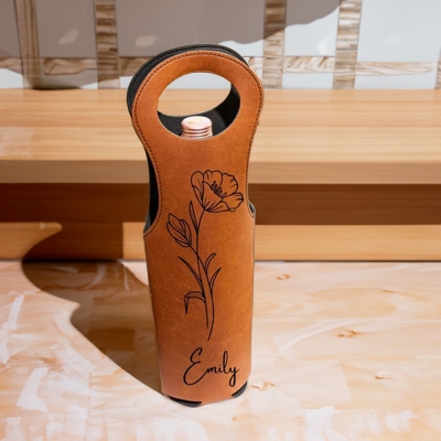 Sac à vin en cuir de fleur de naissance personnalisé, sac à vin gravé personnalisé, pendaison de crémaillère/anniversaire/fête de bébé/cadeau de Noël pour la famille/les amis