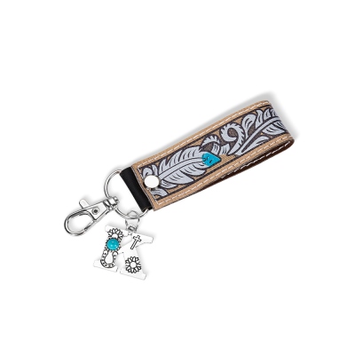 Personalized Western Leather Wristlet Keychain, Custom Initial Pendant Keychain with Turquoise, Father's Day/Birthday Gift for Dad/Boyfriend/Cowboy