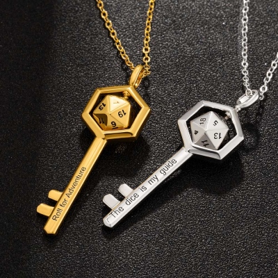 Personalized Charm Necklace Valentine's Day, Custom Name D20 Dice Key Necklace, Brass Necklace, Dice Necklace, DND Jewelry, D20 Necklace, DND Necklace