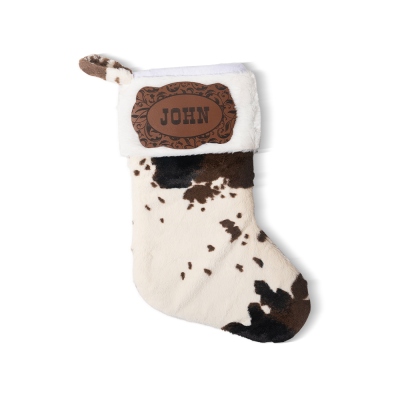 Chaussette de Noël en cuir avec nom personnalisé et imprimé vache, chaussette de Noël festive de style occidental avec patch nominatif, décoration de ferme, cadeau de Noël pour amoureux/maman des vaches