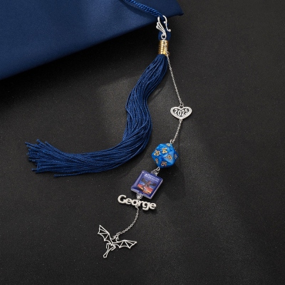 Custom Name Graduation Tassel Charm with D20 Dice, Dragon Graduation Cap Charm, Graduation Cap Insert, Graduation Gift for Him, Keepsake Gift