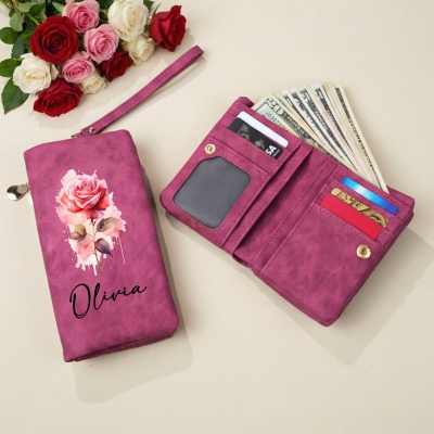 Custom Name Watercolor Birth Flower Tri-Fold Wallet, Leather Wallet Card Phone Holder with Wrist Strap, Birthday/Mother's Day Gift for Her/Mom/Women