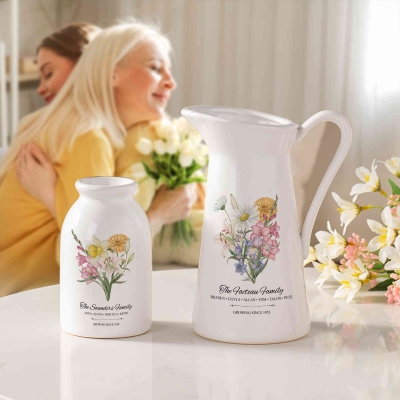 Personalized Names Birth Flower Bouquet Vase, Family Floral Ceramic Mug Vase, Home Decor, Birthday/Mother’s Day Gift for Wife/Mom/Grandma