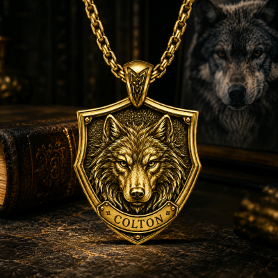 Personalized 3D Wolf Head Necklace Engraved with Name, Strength Loyalty Protection Themed Pendant, Viking-Inspired Jewelry, Gift for Husband/Dad