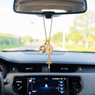 Custom Virgin Mary Cross Steering Wheel Rosary Charm with Bubble Initial, Car Accessory, Baptism/Christmas Gift for Christian Family/Friends/Drivers