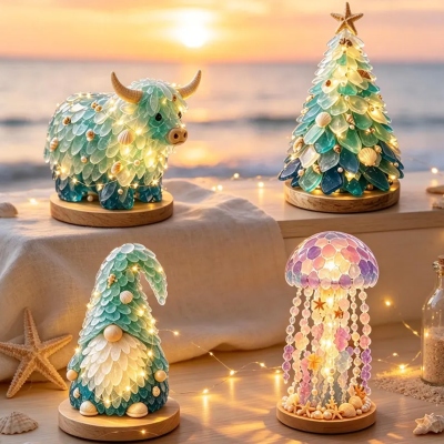 Ocean Sea Glass Art DIY Kit, Handmade LED Lighted Table Night Light with Wood Base, Coastal Home Decoration, Birthday Gift for Adults/Teens/Friends