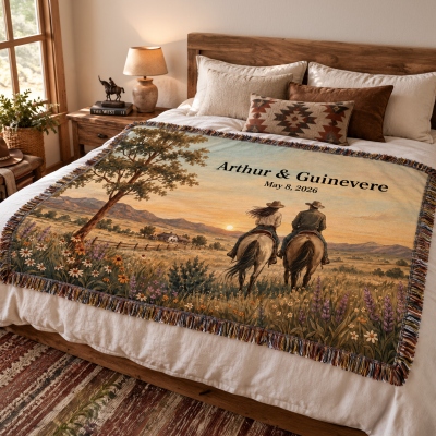 Gepersonaliseerde deken met namen en datum voor een western cowboykoppel (Mr &amp; Mrs) met kwastjes, flanellen sprei voor op bed of bank, jubileum-/huwelijkscadeau voor een stel/pasgetrouwden
