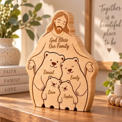 Anpassat träpussel med Jesusfamiljen och namn, björnfamiljens minnessaksprydnad, religiös bordsdekoration, dop-/födelsedagspresent till föräldrar/kvinnor/män